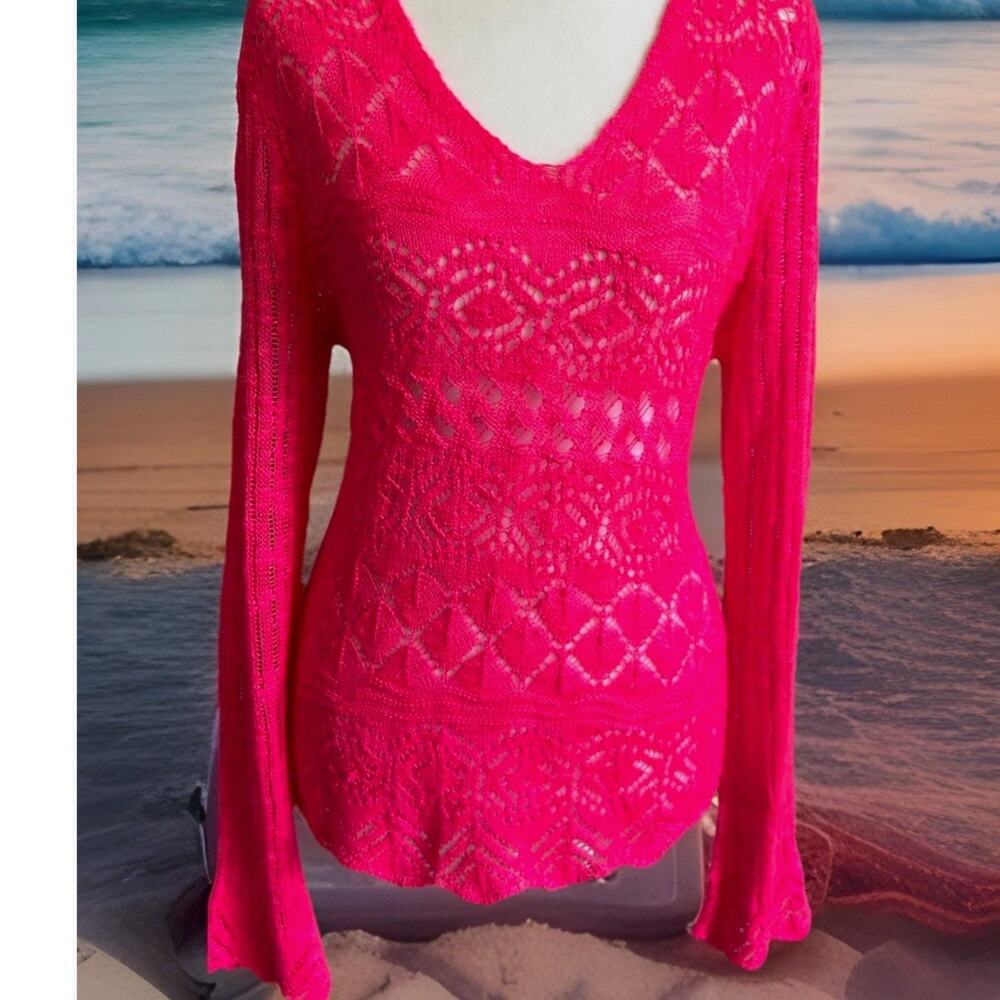 Y2K AMERICAN RAG CROCHET SWEATER PINK KNIT BELL SLEEVE COASTAL BOHO SEE THROUGH